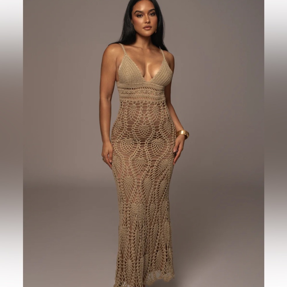 Elegant Crochet Maxi Dress in Tan